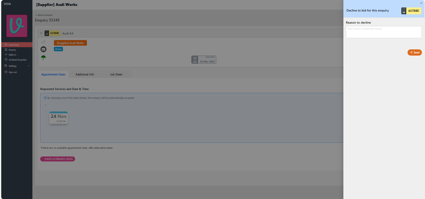 Decline side panel with Reason to decline field