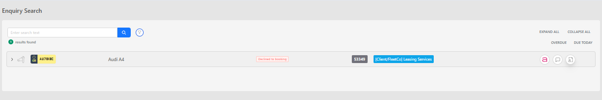 Enquiry Search listing with Declined to booking status label