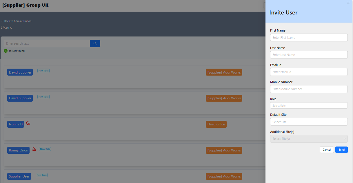 Invite User drawer with form fields